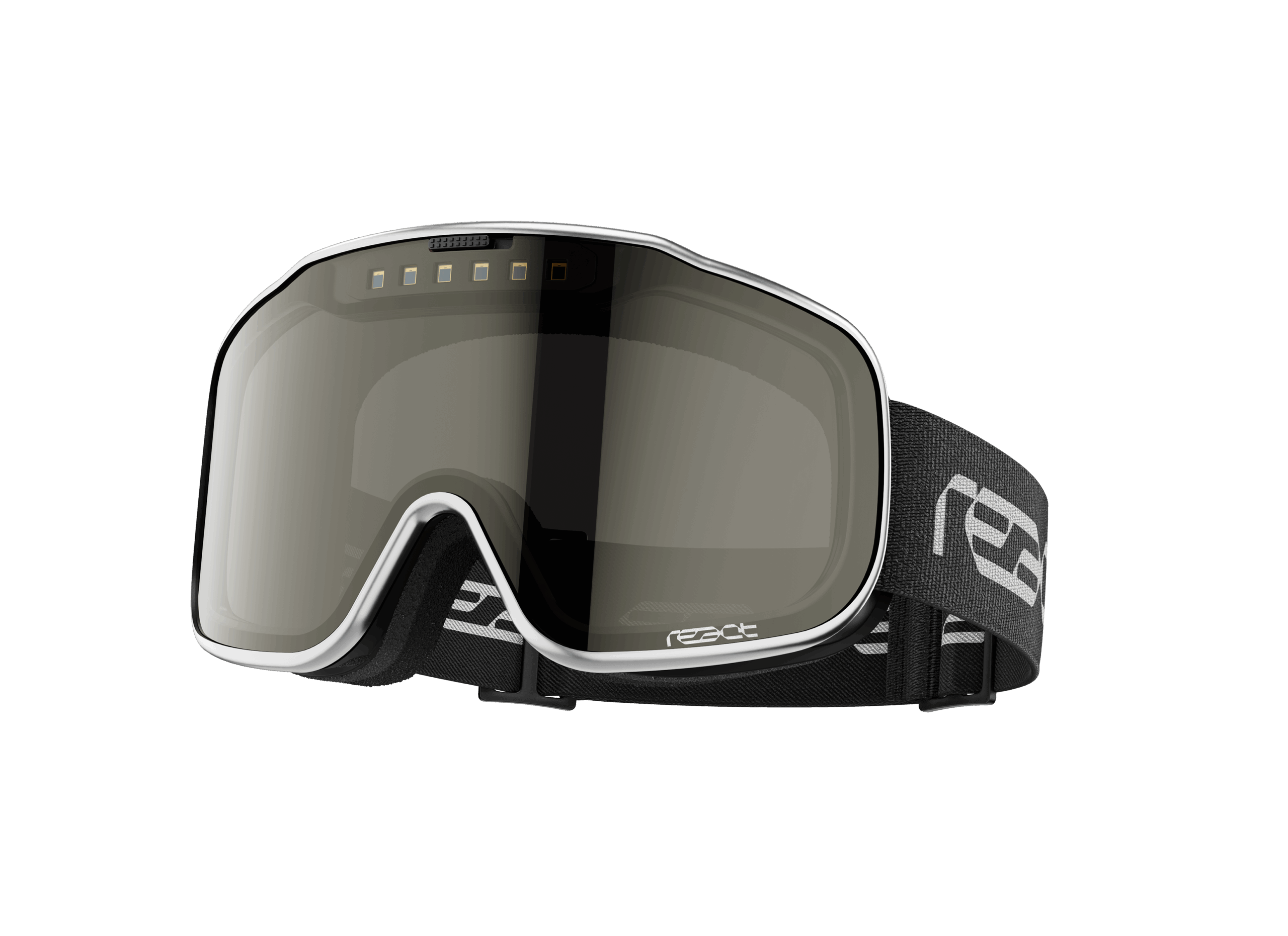 react ski goggles onyx with silver frame.